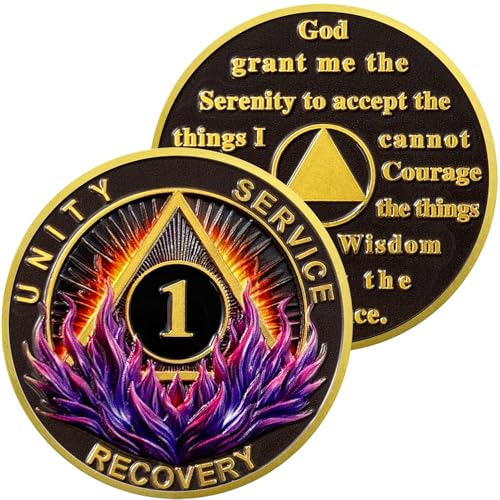 1 Year Sobriety Coin | Purple Flame Triangle Alcoholics Anonymous Coins AA Sobriety Gifts for Men & Women | Celebratory Living Clean AA Coin for Annual Sober Chip Anniversary | AA Chips & AA Medallion